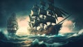 Majestic ancient warships braving turbulent seas, on voyage to conquer Royalty Free Stock Photo