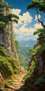 Majestic Anime Art: Rocky Pathway With Trees And Mountainous Vistas