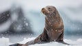 Majestic antarctic seal swimming elegantly near a sea lion relaxing on the icy shoreline