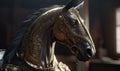 The majestic anthropomorphic horse gallops fearlessly adorned in shining military armor. Creating using generative AI tools