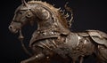 The majestic anthropomorphic horse gallops fearlessly adorned in shining military armor. Creating using generative AI tools