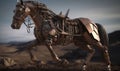 The majestic anthropomorphic horse gallops fearlessly adorned in shining military armor. Creating using generative AI tools