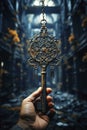 Majestic Antique Key Held Aloft in a Hand with a Gothic Library Background