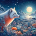 A majestic arctic fox in bold painting, with midnight sun, summer, flower, lake, river, moon