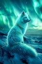 Majestic Arctic Fox in Snowy Landscape Basking under Northern Lights