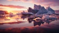 Majestic arctic landscape frozen water reflects tranquil sunset beauty generated by AI