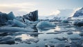 Majestic arctic mountain, frozen landscape, tranquil reflection in water generated by AI