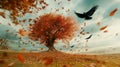 Majestic autumn tree with crows in flight, leaves swirling in wind Royalty Free Stock Photo