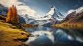 Majestic autumn view of Bachalpsee lake with Schreckhorn and Wetterhorn peaks reflected in the water.