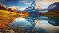 Majestic autumn view of Bachalpsee lake with Schreckhorn and Wetterhorn peaks reflected in the water.