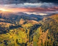Majestic autumn view from flying drone of Bystrets` village. Royalty Free Stock Photo