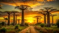 A majestic avenue of baobabs during a stunning sunset