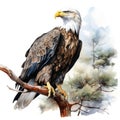 Majestic bald eagle on a branch - detailed watercolor illustration Royalty Free Stock Photo