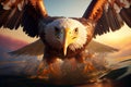 Majestic Bald Eagle Descending into Natural Habitat at Golden Hour, Hyperrealistic 3D Render Made with Generative AI Royalty Free Stock Photo