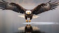 Majestic bald eagle flying above the tranquil water. AI-generated.