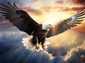 Ai Generated illustration Wildlife Concept of Majestic Bald Eagle Flying in the Clouds with sunrays