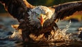Majestic bald eagle flying freely, hunting fish in splashing water generated by AI Royalty Free Stock Photo