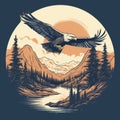 Majestic Bald Eagle Flying Over Mountain Range T-shirt Design Royalty Free Stock Photo