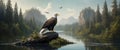 Majestic Bald Eagle Perched by Forest River Royalty Free Stock Photo