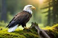 A majestic bald eagle perched on a moss-covered branch, surveying its forest domain