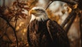 Majestic bald eagle perching on branch, symbol of American pride generated by AI