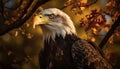 Majestic bald eagle perching on branch, symbol of American pride generated by AI