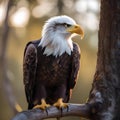 A majestic bald eagle poses for its portrait, perched on a tree branch, its keen eyes scanning the surroundings3