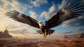 Majestic Bald Eagle Soaring Above Desert Landscape at Sunset Royalty Free Stock Photo