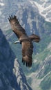 Majestic bald eagle soaring above dramatic mountain peaks, observing the vast landscape below Royalty Free Stock Photo