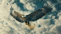 A majestic bald eagle soaring through a cloudy sky, free and untamed Royalty Free Stock Photo