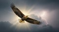 Majestic Bald Eagle Soaring Through Dramatic Storm Clouds with Lightning Strike Behind Royalty Free Stock Photo