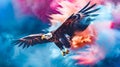 Majestic bald eagle soaring through a dynamic explosion of vibrant colored powder clouds in the wide open sky showcasing the power Royalty Free Stock Photo
