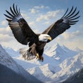 majestic bald eagle soaring high above snow-capped mountains, its wings spread wide by AI generated Royalty Free Stock Photo