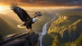 Bald Eagle Soaring Above Majestic Canyon Landscape at Golden Sunset Royalty Free Stock Photo