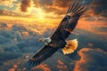 Majestic bald eagle soaring in photorealistic spotlight style against dramatic sunset sky Royalty Free Stock Photo