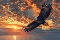 Majestic bald eagle soaring in photorealistic style against dramatic clouds and vibrant sunset Royalty Free Stock Photo