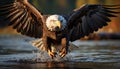 Majestic bald eagle soaring, wings spread, catching fish mid air generated by AI Royalty Free Stock Photo