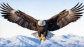 A majestic bald eagle soars through the sky above a stunning mountain landscape