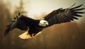 Majestic bald eagle spreads wings in tranquil nature, soaring free generated by AI Royalty Free Stock Photo