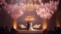 A majestic balloon chandelier hanging above the reception area, casting a soft, romantic light on the newlyweds