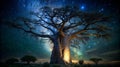 A majestic baobab tree in the foreground under the night starry sky Royalty Free Stock Photo