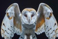 Majestic Barn Owl in Flight with Extended Wings Isolated on Black Background, Nocturnal Bird of Prey Captured in Mid Action Royalty Free Stock Photo