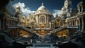 Majestic basilica, symbol of spirituality, illuminates ancient cityscape at dusk generated by AI