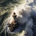 Majestic Battle: Aerial View of a Lighthouse Confronting a Towering Freak Wave on the Cliff Royalty Free Stock Photo