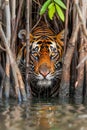 Majestic Bengal Tiger Camouflaged Among Mangroves Peering Through Water in Natural Habitat Royalty Free Stock Photo