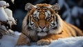 Majestic Bengal tiger, fierce and alert, staring into camera generated by AI Royalty Free Stock Photo