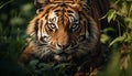 Majestic Bengal tiger, fierce and wild, hides in tropical rainforest generated by AI