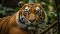 Majestic Bengal tiger, fierce and wild, staring into the camera generated by AI Royalty Free Stock Photo