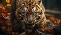 Majestic Bengal tiger hides in the autumn forest, fierce and beautiful generated by AI