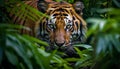 Majestic Bengal tiger hiding in tropical rainforest, staring with aggression generated by AI Royalty Free Stock Photo